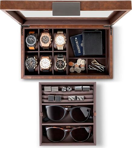Glenor Co Valet Jewelry Box for Men - Holds 6 Watches, 12 cufflinks, 2 Sunglasses & Tray Storage - Mens Watch Case - Organizer w Metal Accents, PU Leather & Large Glass Lid - Brown in Kuwait
