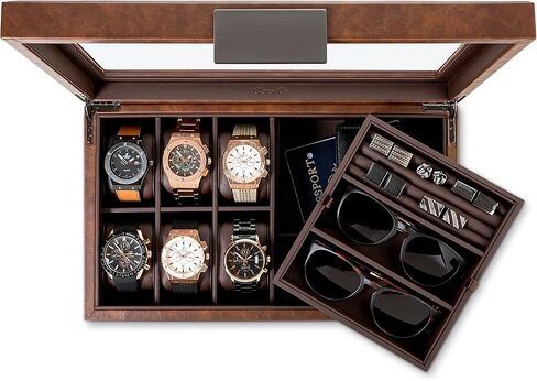 Glenor Co Valet Jewelry Box for Men - Holds 6 Watches, 12 cufflinks, 2 Sunglasses & Tray Storage - Mens Watch Case - Organizer w Metal Accents, PU Leather & Large Glass Lid - Brown in Kuwait