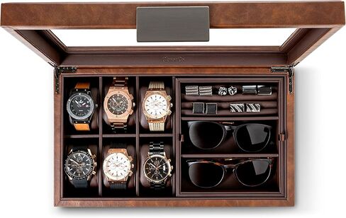 Glenor Co Valet Jewelry Box for Men - Holds 6 Watches, 12 cufflinks, 2 Sunglasses & Tray Storage - Mens Watch Case - Organizer w Metal Accents, PU Leather & Large Glass Lid - Brown in Kuwait
