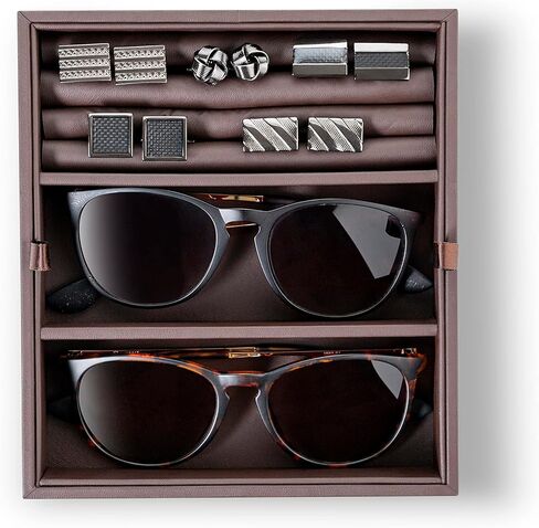 Glenor Co Valet Jewelry Box for Men - Holds 6 Watches, 12 cufflinks, 2 Sunglasses & Tray Storage - Mens Watch Case - Organizer w Metal Accents, PU Leather & Large Glass Lid - Brown in Kuwait