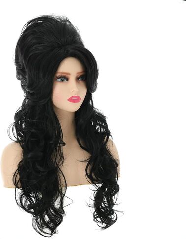 باروكة خلية نحل سوداء طويلة مجعدة من FYXZHUO - شعر صناعي مموج ومنتفخ مقاوم للحرارة يناسب الأزياء التنكرية لحفلات الهالوين in Kuwait