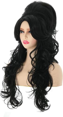 باروكة خلية نحل سوداء طويلة مجعدة من FYXZHUO - شعر صناعي مموج ومنتفخ مقاوم للحرارة يناسب الأزياء التنكرية لحفلات الهالوين in Kuwait