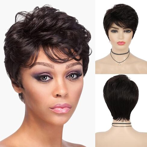 Baruisi قصيرة بني داكن عابث الباروكات للنساء السود الاصطناعية الطبقات قصيرة شعر مستعار مجعد تأثيري استبدال شعر مستعار مع غطاء شعر مستعار in Kuwait