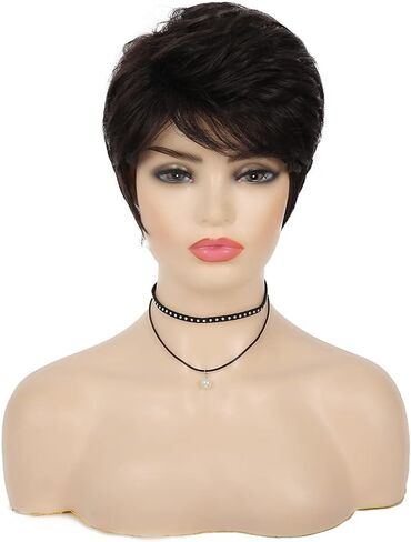 Baruisi قصيرة بني داكن عابث الباروكات للنساء السود الاصطناعية الطبقات قصيرة شعر مستعار مجعد تأثيري استبدال شعر مستعار مع غطاء شعر مستعار in Kuwait