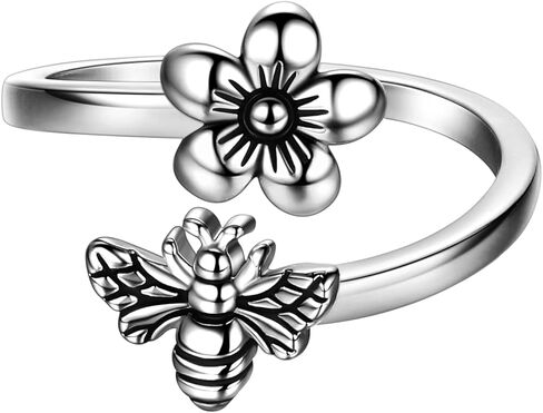 بيوتلاس العسل النحل والزهور خاتم قابل للتعديل فضي/18 قيراط ذهبي/أسود مطلي أقحوان زهرة النحل مفتوحة خاتم مجوهرات هدية للنساء الفتيات زوجة ابنة أمي KR0030 in Kuwait