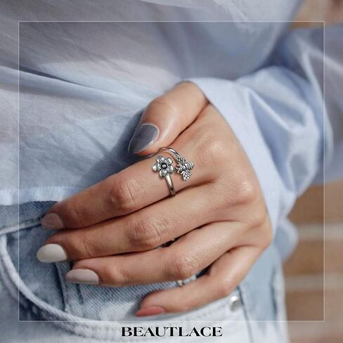 بيوتلاس العسل النحل والزهور خاتم قابل للتعديل فضي/18 قيراط ذهبي/أسود مطلي أقحوان زهرة النحل مفتوحة خاتم مجوهرات هدية للنساء الفتيات زوجة ابنة أمي KR0030 in Kuwait