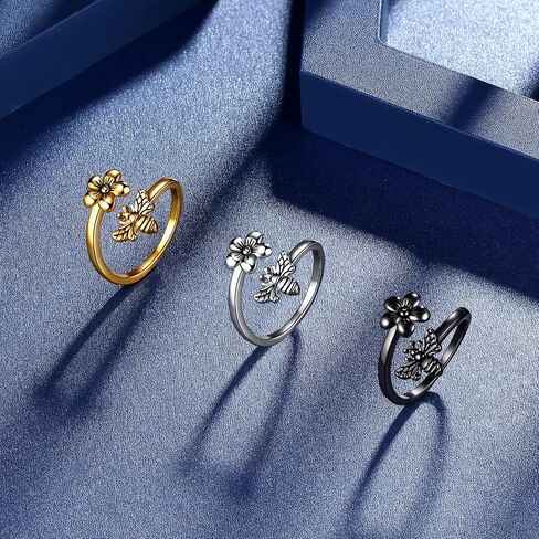 بيوتلاس العسل النحل والزهور خاتم قابل للتعديل فضي/18 قيراط ذهبي/أسود مطلي أقحوان زهرة النحل مفتوحة خاتم مجوهرات هدية للنساء الفتيات زوجة ابنة أمي KR0030 in Kuwait