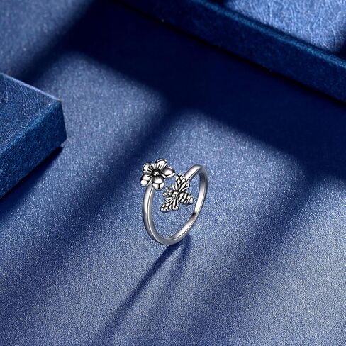 بيوتلاس العسل النحل والزهور خاتم قابل للتعديل فضي/18 قيراط ذهبي/أسود مطلي أقحوان زهرة النحل مفتوحة خاتم مجوهرات هدية للنساء الفتيات زوجة ابنة أمي KR0030 in Kuwait