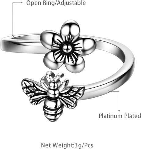 بيوتلاس العسل النحل والزهور خاتم قابل للتعديل فضي/18 قيراط ذهبي/أسود مطلي أقحوان زهرة النحل مفتوحة خاتم مجوهرات هدية للنساء الفتيات زوجة ابنة أمي KR0030 in Kuwait