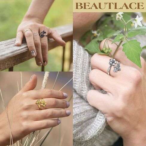 بيوتلاس العسل النحل والزهور خاتم قابل للتعديل فضي/18 قيراط ذهبي/أسود مطلي أقحوان زهرة النحل مفتوحة خاتم مجوهرات هدية للنساء الفتيات زوجة ابنة أمي KR0030 in Kuwait