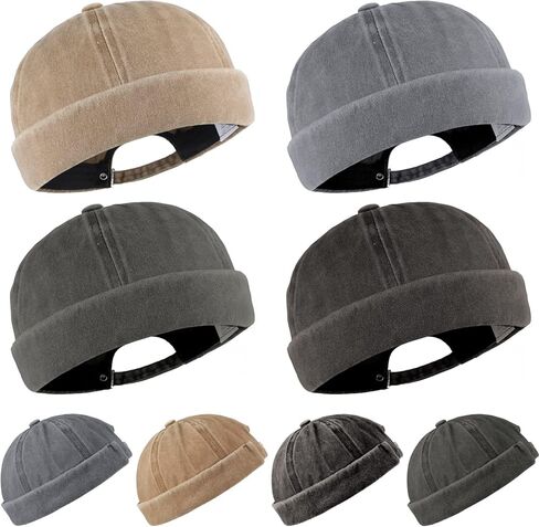 Brimless Hats for Men, 4 Pack Docker Cap Denim No Brim Hat Retro Flip Hat Vintage Rolled Beanie Skullcap, Adjustable in Saudi Arabia