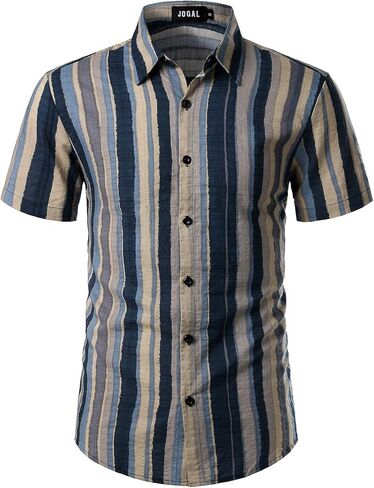 قمصان صيفية مخططة بألوان قوس قزح للرجال من JOGAL بأكمام قصيرة وأزرار سفلية، قميص كاجوال in Kuwait