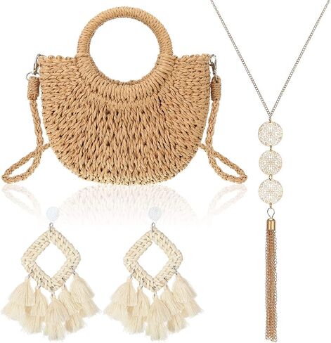 Straw Purses Bag Set Women's Vacation Woven Clutch 2023 Summer Crossbody Boho Shoulder Handbags Tassel Earrings Fringe Bohemian Necklace for Girl Beach in Saudi Arabia