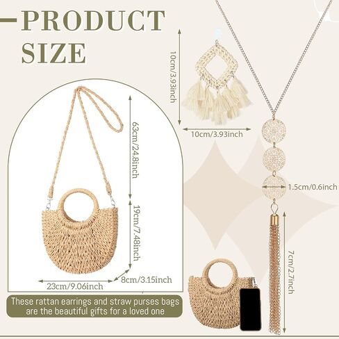 Straw Purses Bag Set Women's Vacation Woven Clutch 2023 Summer Crossbody Boho Shoulder Handbags Tassel Earrings Fringe Bohemian Necklace for Girl Beach in Saudi Arabia