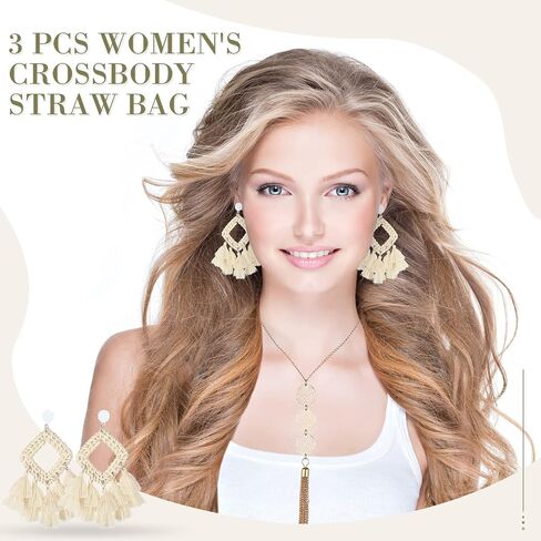 Straw Purses Bag Set Women's Vacation Woven Clutch 2023 Summer Crossbody Boho Shoulder Handbags Tassel Earrings Fringe Bohemian Necklace for Girl Beach in Saudi Arabia