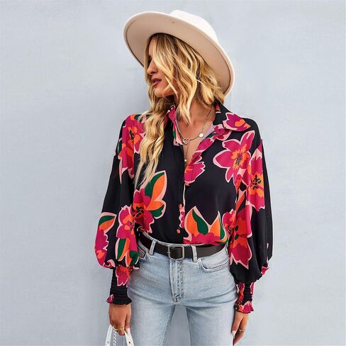 بلوزة بوهو نسائية كاجوال من AELSON بطبعة زهور ورقبة على شكل حرف V وأكمام طويلة وأزرار سفلية in Kuwait