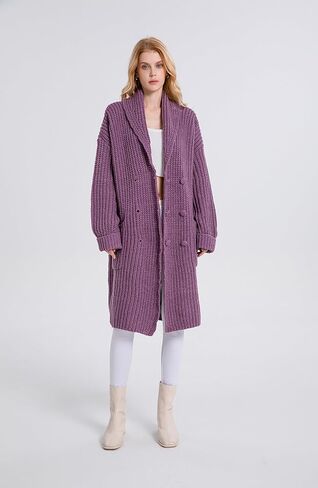 سترة صوفية ثقيلة شتوية 2023 للنساء من Asskdan طية صدر السترة مفتوحة من الأمام وزر مزدوج طويل كبير الحجم ملابس خارجية معطف منسوج in Kuwait