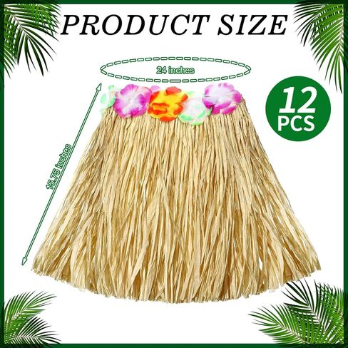 Janmercy 12 Pack Natural Raffia Hula Skirt Grass Skirt Flowered Luau Outfits for Birthdays Party Decorations (31.5 Inch) in Saudi Arabia