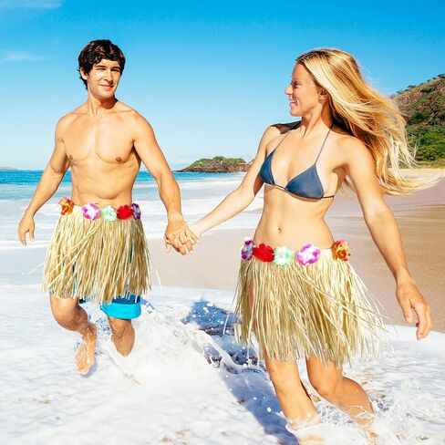 Janmercy 12 Pack Natural Raffia Hula Skirt Grass Skirt Flowered Luau Outfits for Birthdays Party Decorations (31.5 Inch) in Saudi Arabia