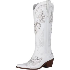 LVSEEMAN مطرزة أحجار الراين أحذية عالية للركبة راعية البقر الأحذية الغربية كعب مكتنز أشار تو أحذية رعاة البقر للنساء مع أحذية منتصف العجل in Kuwait