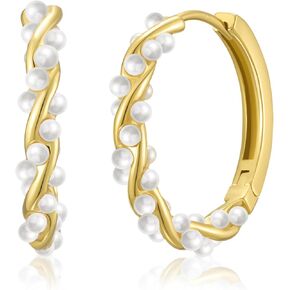 SWEETV Pearl Earrings for Women, 14K Gold Plated Small Pearl Hoop Earrings, Open Huggie Stud Earrings Jewelry Gift for Women Girls in Kuwait