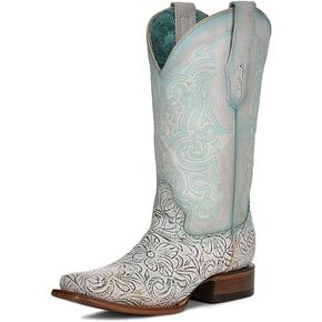 CORRAL LADIES LD WHITE/TURQUOISE EMBROIDERY SQ. TOE, SQUARE TOE, LEATHER Sole, 11" Shaft, COWHIDE Leather, WESTERN BOOT, WHITE/TURQUOISE Z5139 Size
