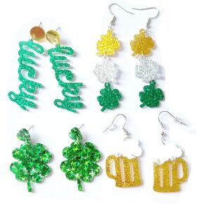 4 Pairs St. Patrick's Day Earrings Set Glitter Green Lucky Clover Acrylic Dangle Earrings Handmade Irish Shamrock Rainbow Cat Dog Beer Wood Dangle Drop Earrings for Women Girls Holiday Jewelry in Saudi Arabia