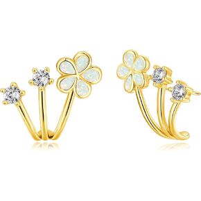 CiNily Cuffs Stud Earrings for Women Trendy 14K White Gold Plated Created Fire Opal Flower Piercings Studs Earrings Cubic Zirconia Claw Ear Wrap Earrings Jewelry Gift for Wedding Party Birthday
