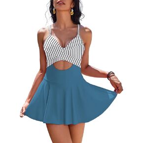 AI'MAGE Women's One Piece Swimdress V Neck Tie Back Skirt Swimsuit Push Up Tummy Control Bathing Suits