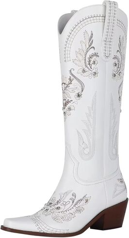 LVSEEMAN مطرزة أحجار الراين أحذية عالية للركبة راعية البقر الأحذية الغربية كعب مكتنز أشار تو أحذية رعاة البقر للنساء مع أحذية منتصف العجل in Kuwait