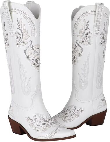 LVSEEMAN مطرزة أحجار الراين أحذية عالية للركبة راعية البقر الأحذية الغربية كعب مكتنز أشار تو أحذية رعاة البقر للنساء مع أحذية منتصف العجل in Kuwait