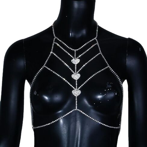 Sexy Rhinestone Heart Chest Chain Festival Rave Body Harness Chain Jewelry Rhinestone Lingerie Chain Crystal Waist Body Jewelry for Women Outfits in Saudi Arabia
