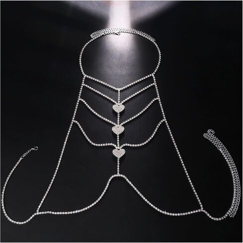 Sexy Rhinestone Heart Chest Chain Festival Rave Body Harness Chain Jewelry Rhinestone Lingerie Chain Crystal Waist Body Jewelry for Women Outfits in Saudi Arabia