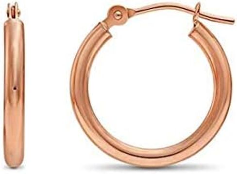 14K Rose Gold Classic Shiny Polished Round Hoop Earrings, 2mm tube in Kuwait