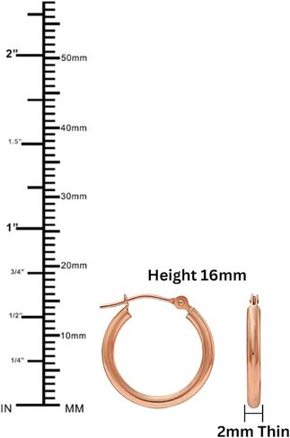 14K Rose Gold Classic Shiny Polished Round Hoop Earrings, 2mm tube in Kuwait