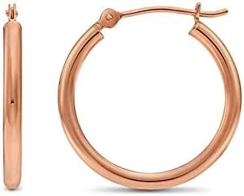14K Rose Gold Classic Shiny Polished Round Hoop Earrings, 2mm tube in Kuwait