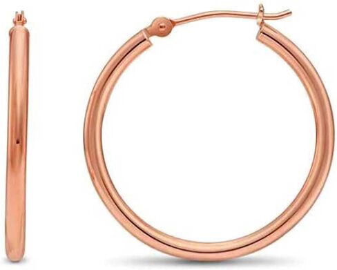 14K Rose Gold Classic Shiny Polished Round Hoop Earrings, 2mm tube in Kuwait
