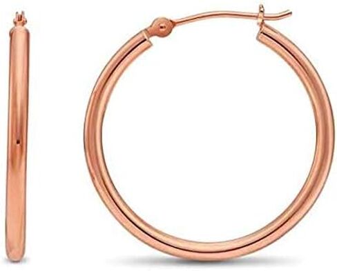 14K Rose Gold Classic Shiny Polished Round Hoop Earrings, 2mm tube in Kuwait