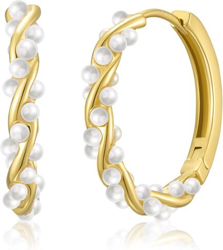 SWEETV Pearl Earrings for Women, 14K Gold Plated Small Pearl Hoop Earrings, Open Huggie Stud Earrings Jewelry Gift for Women Girls in Kuwait