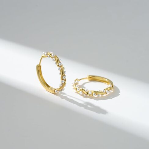 SWEETV Pearl Earrings for Women, 14K Gold Plated Small Pearl Hoop Earrings, Open Huggie Stud Earrings Jewelry Gift for Women Girls in Kuwait