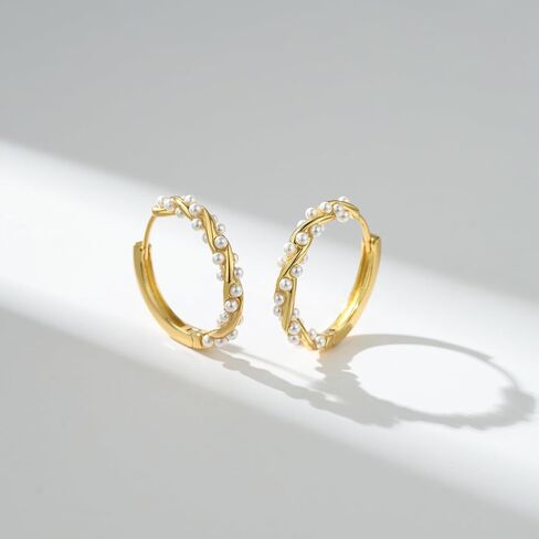 SWEETV Pearl Earrings for Women, 14K Gold Plated Small Pearl Hoop Earrings, Open Huggie Stud Earrings Jewelry Gift for Women Girls in Kuwait