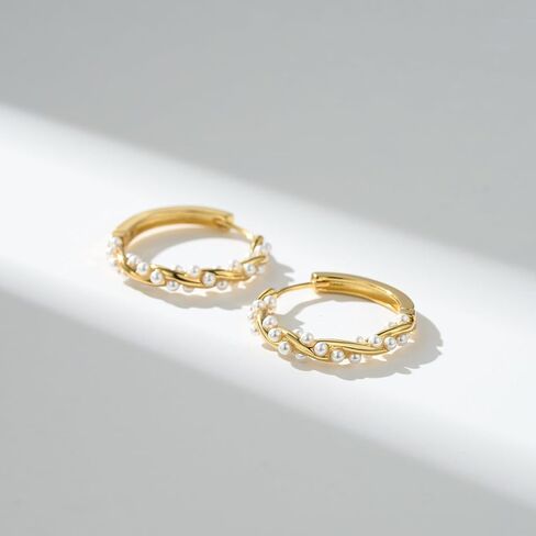 SWEETV Pearl Earrings for Women, 14K Gold Plated Small Pearl Hoop Earrings, Open Huggie Stud Earrings Jewelry Gift for Women Girls in Kuwait