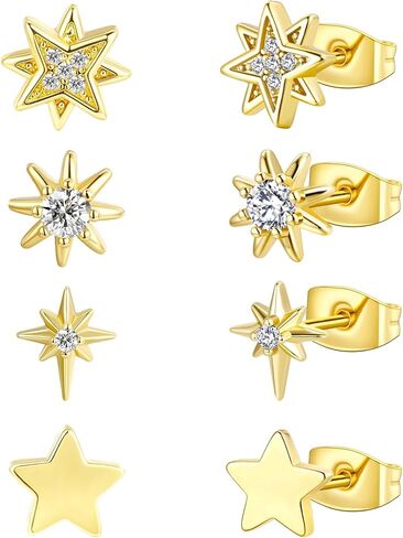 4 Pairs Star Stud Earrings for Women, Celestial Earrings for Girls, Silver Gold Stud Earrings Set Hypoallergenic for Sensitive Ears in Saudi Arabia