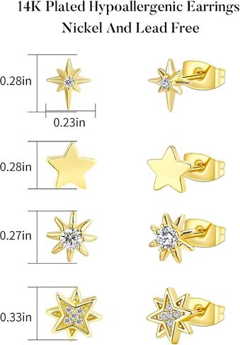 4 Pairs Star Stud Earrings for Women, Celestial Earrings for Girls, Silver Gold Stud Earrings Set Hypoallergenic for Sensitive Ears in Saudi Arabia