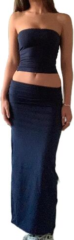 Leyajedol النساء Y2k 2 قطعة تنورة مجموعة منخفضة قطع سليم صالح المحاصيل الأعلى منخفضة الخصر Bodycon ماكسي تنورة الزي الصيف كلوبوير in Kuwait