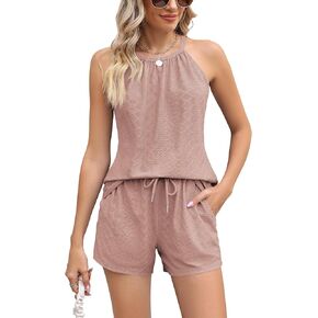 LOMON Women Summer 2 Piece Sets Casual Shorts Outfits Halter Neck Sleeveless Clothes Vacation Beachwear