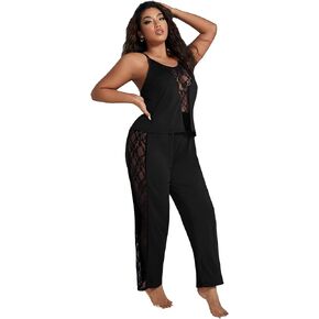 OYOANGLE Women's 2 Piece Plus Size Lace Pajama Set Pjs Sleepwear Set Lounge Sets V Neck Cami Top and Pants