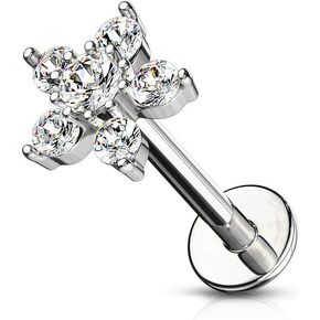 Forbidden Body Jewelry 16g 6-8mm Internally Threaded Surgical Steel Cartilage/Tragus/Labret/Monroe Stud w/Double Tier Floral Top
