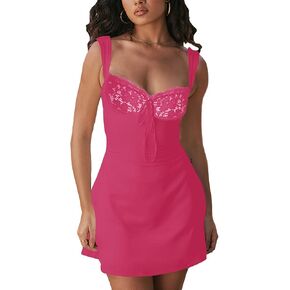OPOIPIN Women's Sexy Sweetheart Neck Sleeveless Tie Front Lace Trim A Line Party Mini Dress