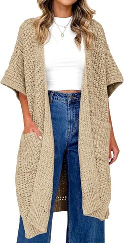 سترة نسائية من Langwyqu بأكمام قصيرة ومفتوحة من الأمام، سترة كيمونو محبوكة خفيفة الوزن كبيرة الحجم مع جيوب in Kuwait